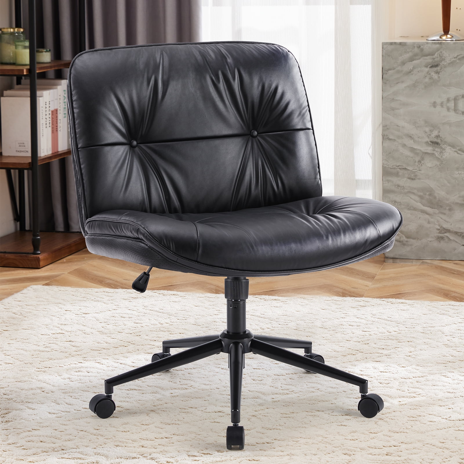 CONCETTA Cross Legged Armless Office Chair, 26.8" Wide PU Leather Seat, Adjustable Swivel Vanity Desk Chair with Rocking Function, Khaki Gray