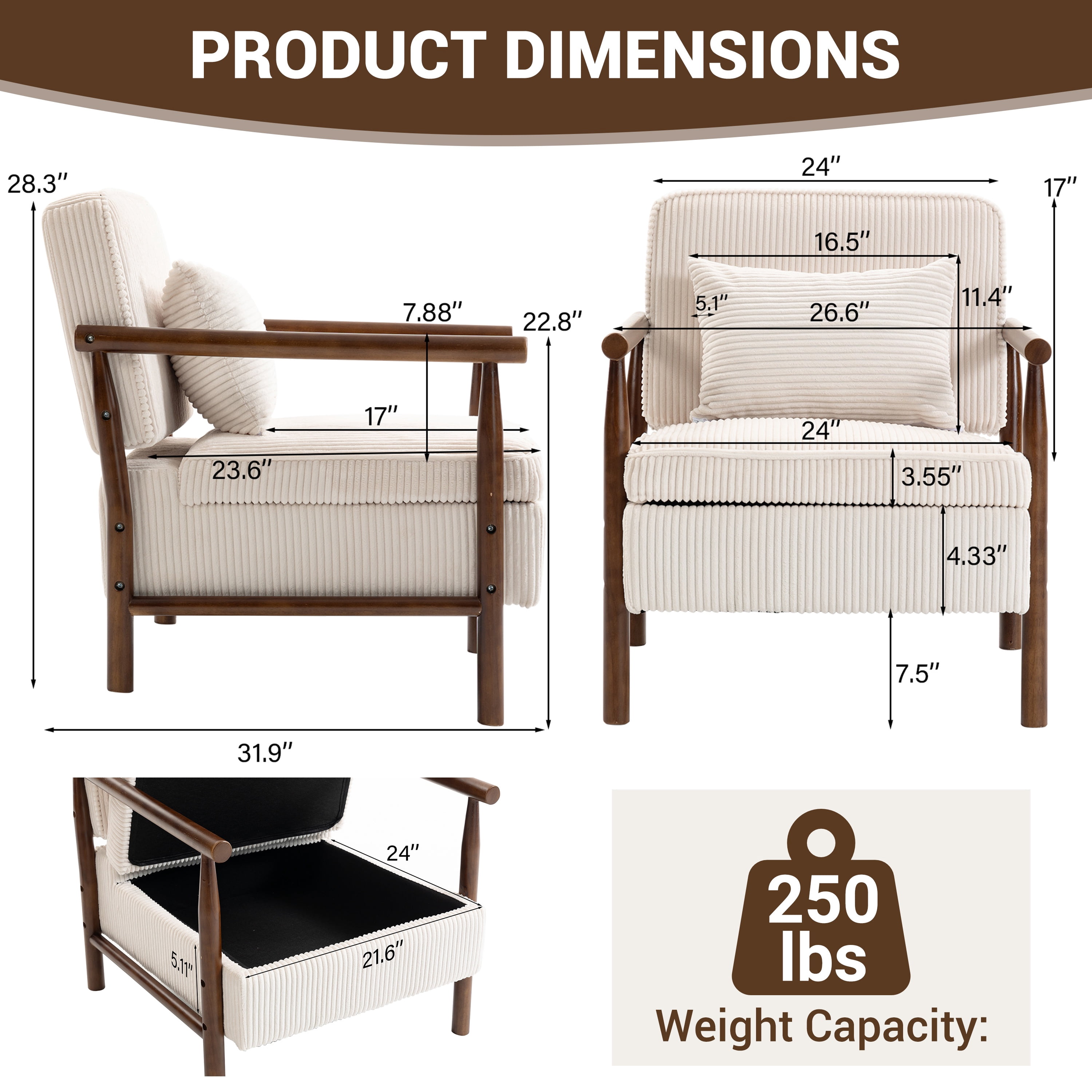 Accent Chair with Hidden Storage, LEGAHOME Antique White Modern Arm Chair for Living Room, Comfy Corduroy Reading Armchair for Bedroom, with Solid Wood Leg for 250lbs Weight Capacity