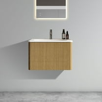 24" Striped Natural Oak Bathroom Vanity with White Ceramic Sink, Wall Mounted Floating Bathroom Vanity for Modern Bathroom, Pre-assembled