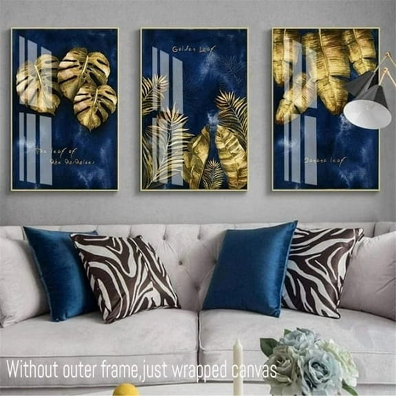 3 Pieces Picture Set Nordic Luxury Navy Blue Gold Abstract Leaves Vein Texture Canvas Print Decorative Painting for Living Room Home Decor With Inner Frame