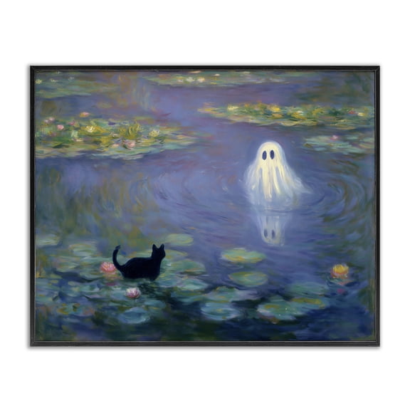 Water Lilies with Ghost & Kitty Black Framed Giclee Art, design by Arlington Prints