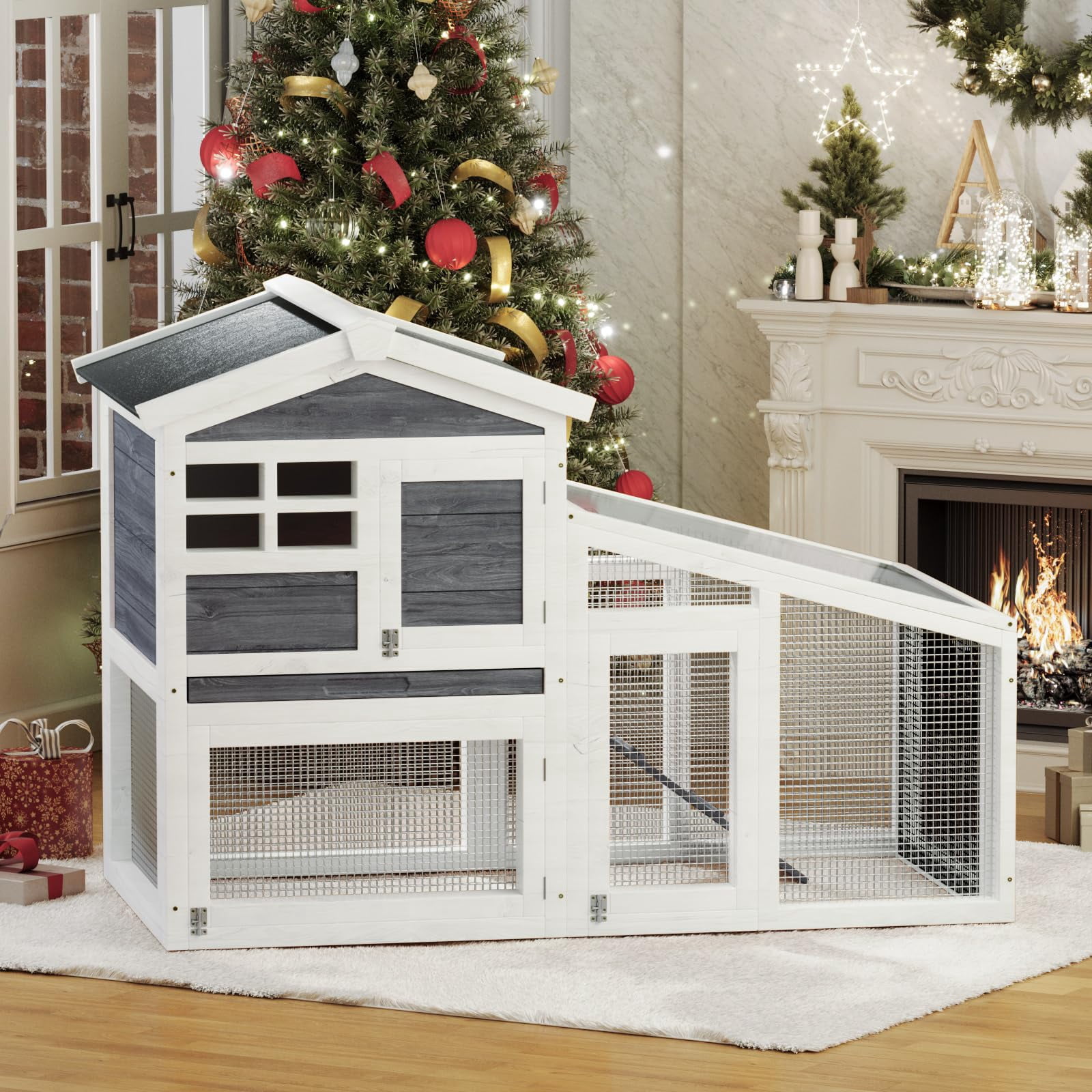 Huisuilinss Wooden Rabbit Hutch,Large Rabbit Cage ChickenCoop Expandable With Pull Out Trays,Chew-Proof Ramp & Waterproof Roof,Small Animal Habitat For Indoor And Outdoor