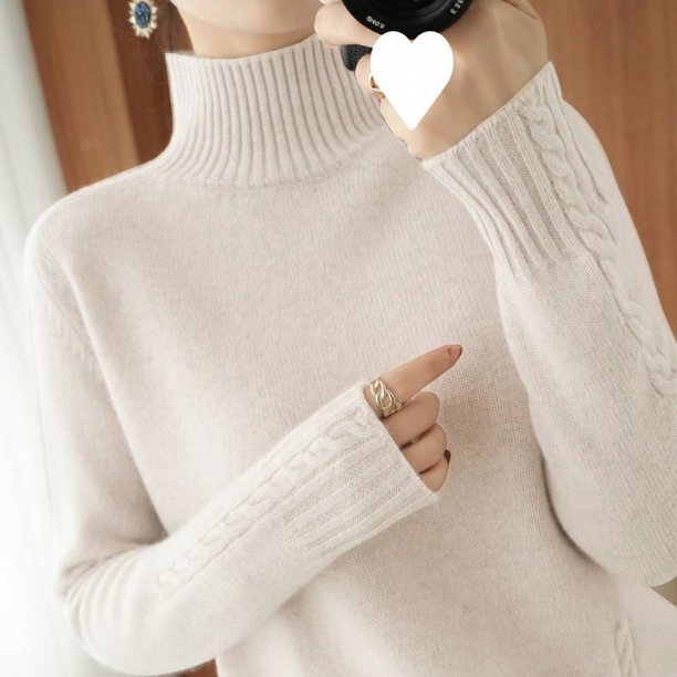 Suéter de punto de cuello alto medio para otoño e invierno, suéter elegante de lana de color sólido para mujer, jersey de base de punto grueso
