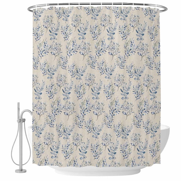 Polyester Fabric Rustic Blue Leaves Shower Curtain, Farmhouse Botanical Beige Waterproof Bathtub Curtain Bathroom Decor Set with Hooks 72 x 96 Inches