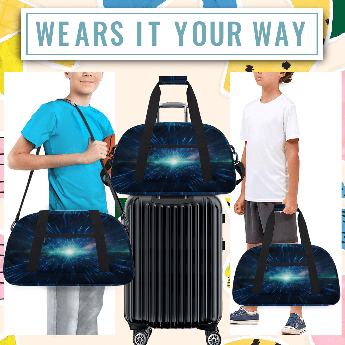Herdesigns Space Sports Duffle Bag for Women & Men, Galaxy Gym Bag Dance Bag Overnight Bag Carry On Weekender Travel Bag