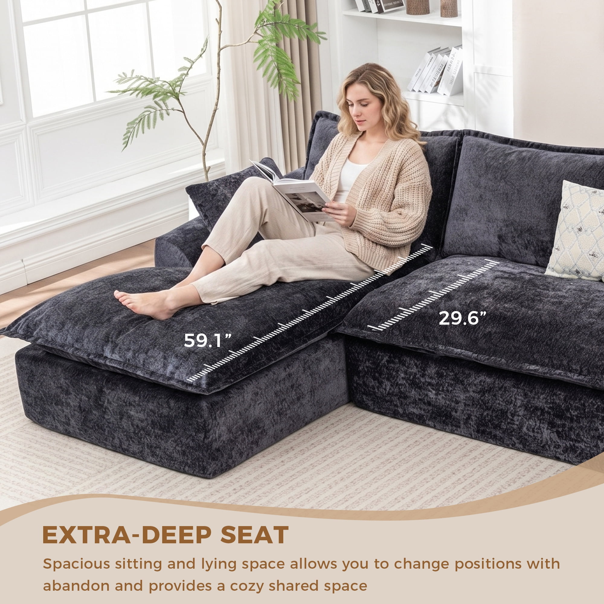 LEHZROAJ 103" Chenille Compressed Sofa,L Shaped Sectional Couch Pillows No Assembly Required for Living Room(Black,Left)