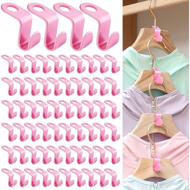 (Pink)64 Pieces Hanger Hooks Connecting Hooks for Hangers Hanging Hook Connector Mini Cascading Hangers Space Saving in Closets