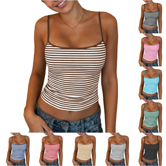 CUZIBR Tank Tops For Women Classic Striped Slim Fit Spaghetti Strap Scoop Neck Low Cut High Waist Crop Top Fitted Ribbed Camisole Casual Summer Fashion Basic Tee Cozy Soft Dailywear,Coffee,XXL