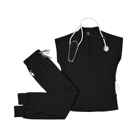 Women Jogger Scrub Sets 2 Pieces Comfortable V-Neck Scrub Top & Drawstring Jogger Scrub Pants Stretch Nursing Scrubs Set Quick Dry Uniform Suits with Multi Pocket for Doctors, Nurses Black S