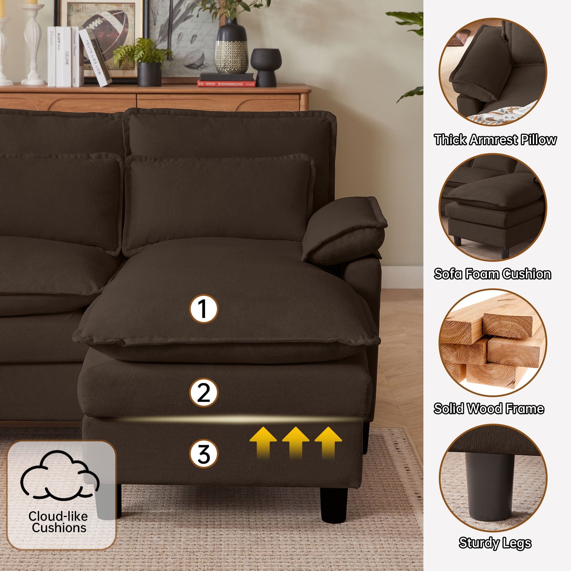 Pingliang Home Oversized U Shaped Couch,4 Seat Sectional Sofa with 4 Pillows,Upholstered Symmetrical Cloud Couch with Double Chaise,Wrap Around Sofa Modular sofa for Living Room Apartment Office