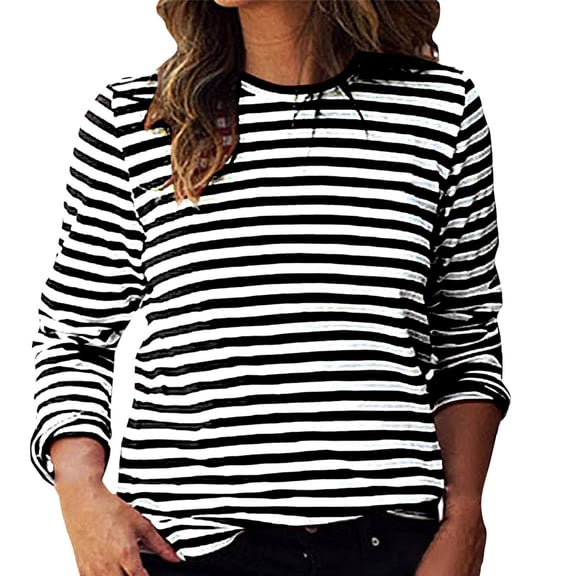 Yuanlong Womens T-Shirts Classic Stripe Crew Neck Long Sleeve Tee Tops Spring Daily & Work Wear Comfortable Lady Tshirts