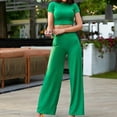 thumbnail image 2 of Fashion Plus Size 2 Picec of Sets for Womens Summer and Fall Casual Comfortable Solid Color Short Sleeve Round Neck Midriff-baring Solid Color Elastic Waist Pants Sets, 2 of 7