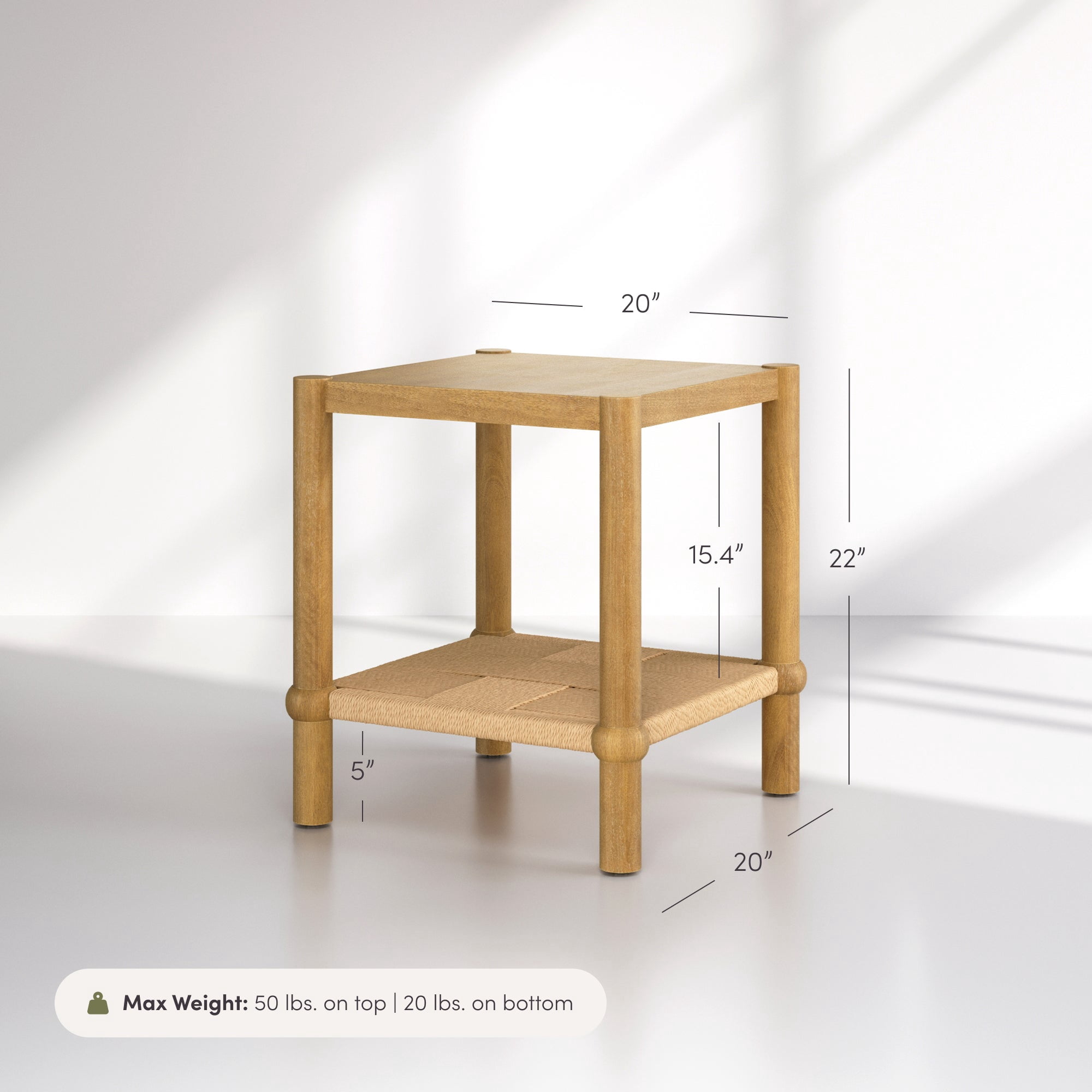 Nathan James River Modern Coastal Side Table with Solid Wood Legs and Seagrass Storage Shelf, Light Brown