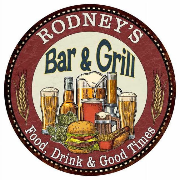 RODNEY'S Bar and Grill 14" Round Metal Sign Kitchen Wall Decor 100140020341
