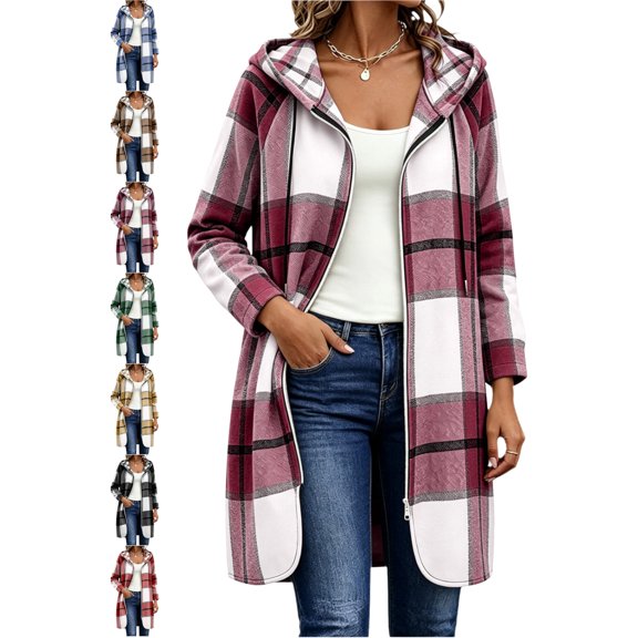 Women's Casual Mid-Length Plaid Jacket Hooded Zip Up Long Sleeve Loose Fit Outerwear