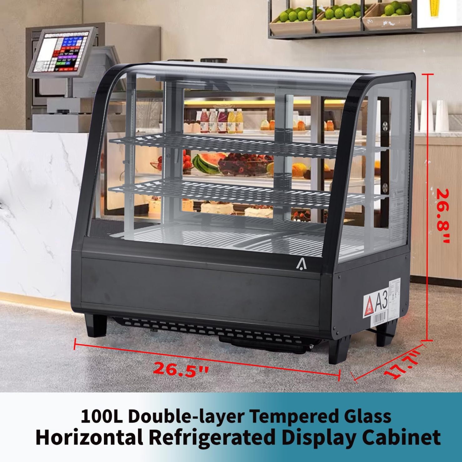Yiwa 3.5 Cu.Ft Commercial Countertop Refrigerator, Display Refri with LED Display and Lighting, for Cafe Restaurant, Black