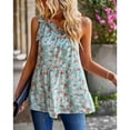 thumbnail image 2 of Camisa con volantes y un hombro con nudo anudado, informal, holgada, blusa sin mangas con estampado floral fluido para verano, verde claro S, 2 of 6