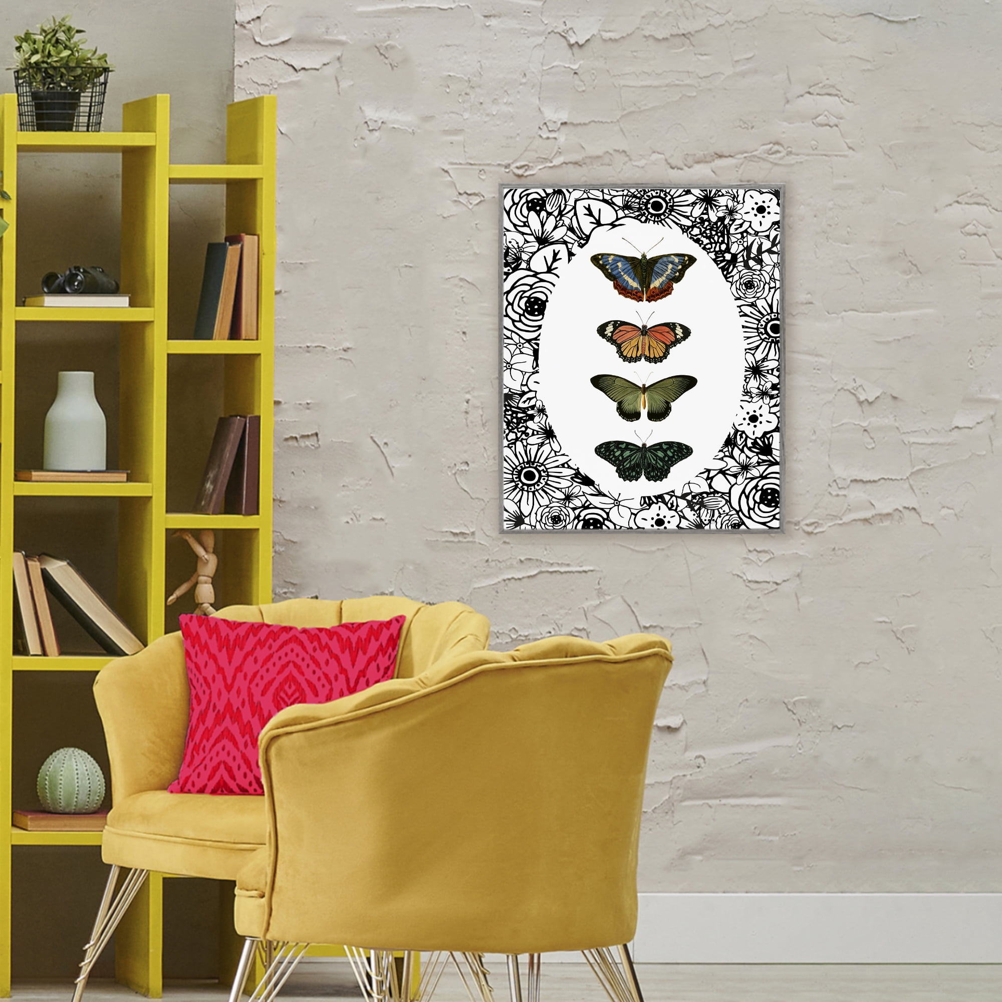 Stupell Industries Floral Border Butterfly Lineup Gray Framed Giclee Art, design by Dan Meneely