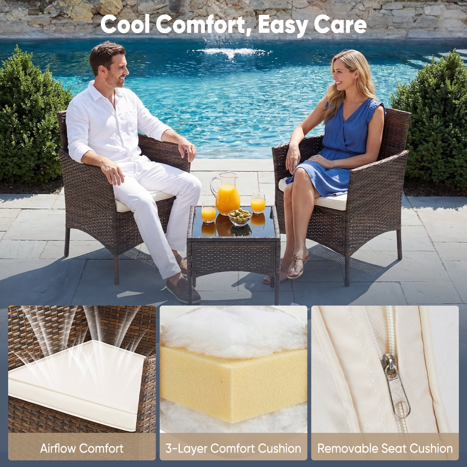 SHOUFTW 3-Piece Patio Furniture Set, Wicker Outdoor PE Rattan Furniture with Coffee Table & Washable Cushion, Compact Bistro Conversation Seating for Balcony, Garden, Poolside, Porch, Brown