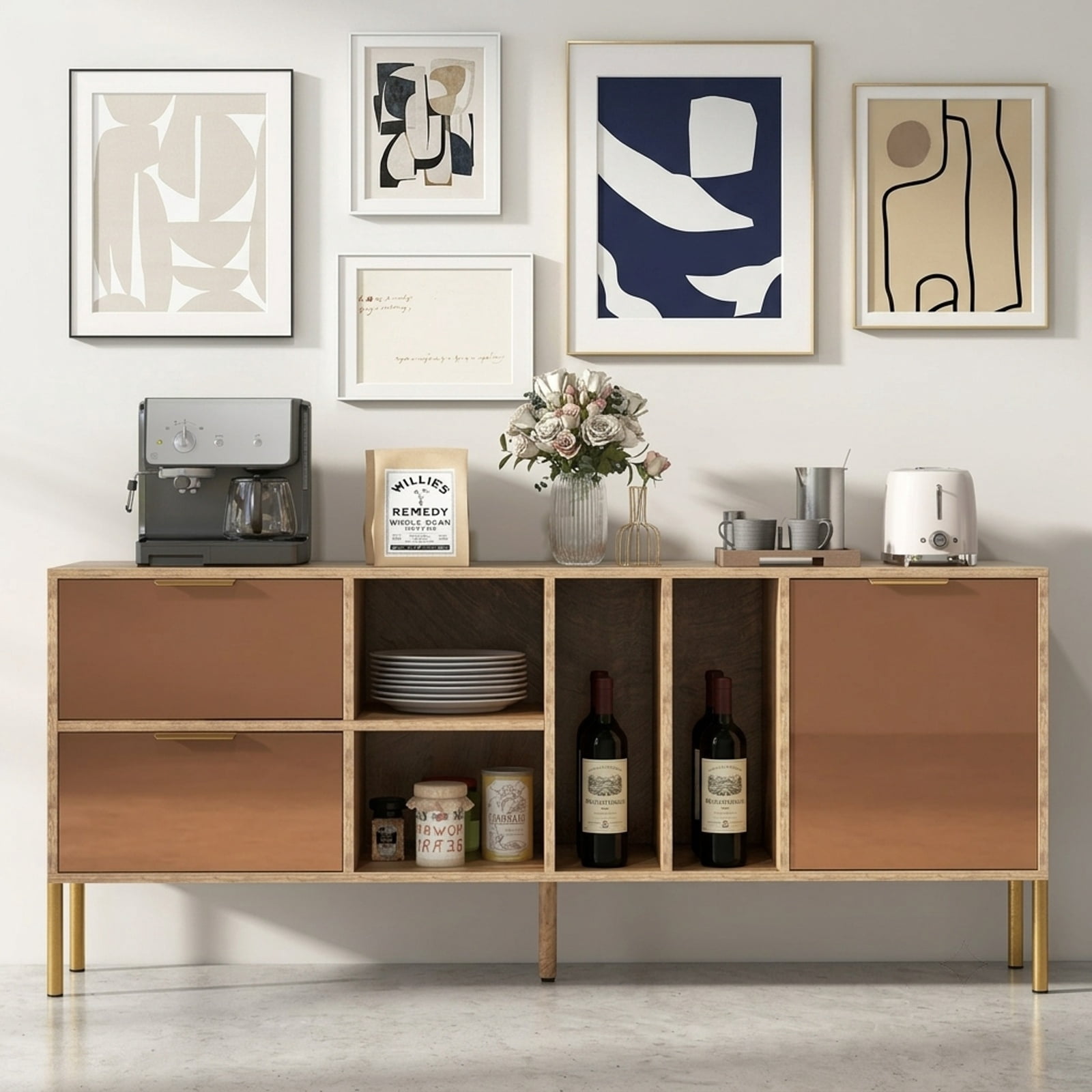 Furnibear Mirrored Buffet Cabinet with 2 Drawers and 1 Door for Living Room for Kitchen Dining Living Room Buffet Storage Server, Natural