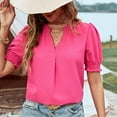 thumbnail image 5 of JSheng Summer Tops for Women Fashion Women casual Solid Color V-neck Pullover Short Puff Sleeve T-shirt Top Hot Pink S, 5 of 5