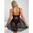 thumbnail image 2 of Women Lace Mesh Babydoll Lingerie Set, V Neck Ruffle Wireless Casual Sleepwear with Matching Briefs 2 Piece, 2 of 5