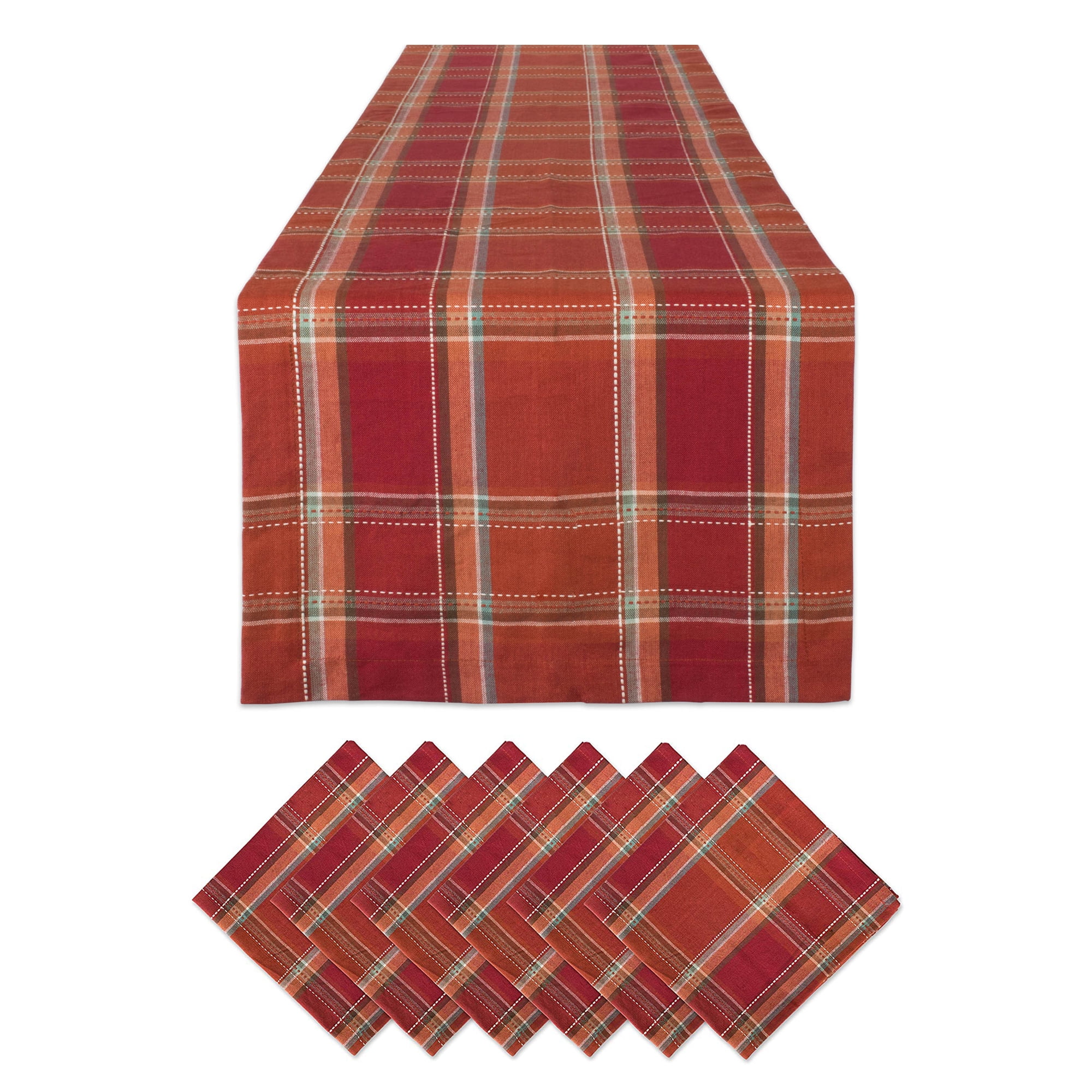 Set of 7 Orange Red and White Autumn Inspired Plaid Table Runner 72