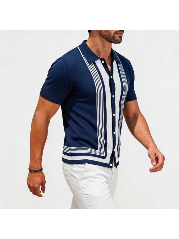 Men's 1960s Mod Style Vintage Stripe Collared Shirts Summer Short Sleeve Stylish Button Down Cardigan