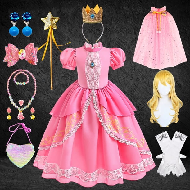 Vestido de princesa Peach para fiesta de cumpleaños de niñas, Vestido largo de encaje de manga abullonada rosa para baile de graduación, disfraz de Aurora para Halloween Fivean unisex