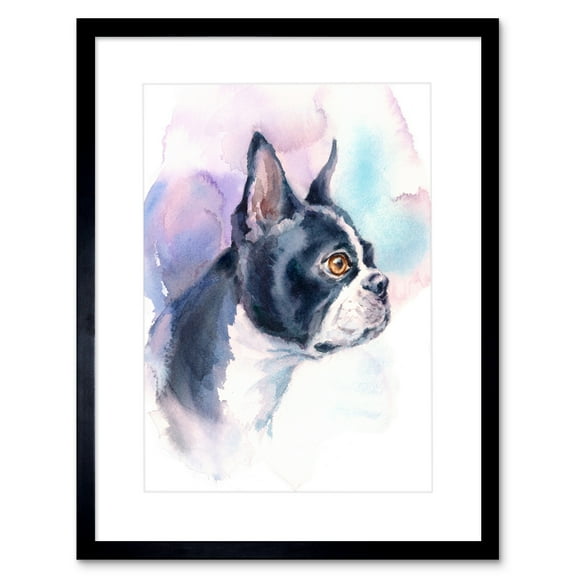 Dog Boston Terrier Watercolour Art Print Framed Poster Wall Decor 9x7 inch