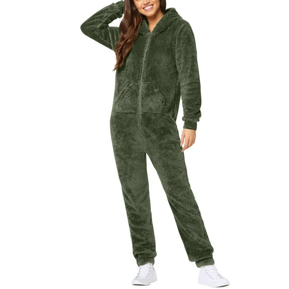 Comfy Soft Fleece Warm Pajamas for Women One Piece Solid Long Sleeve Jumpsuit 2024 Casual Hooded Onesie Rompers S-5XL