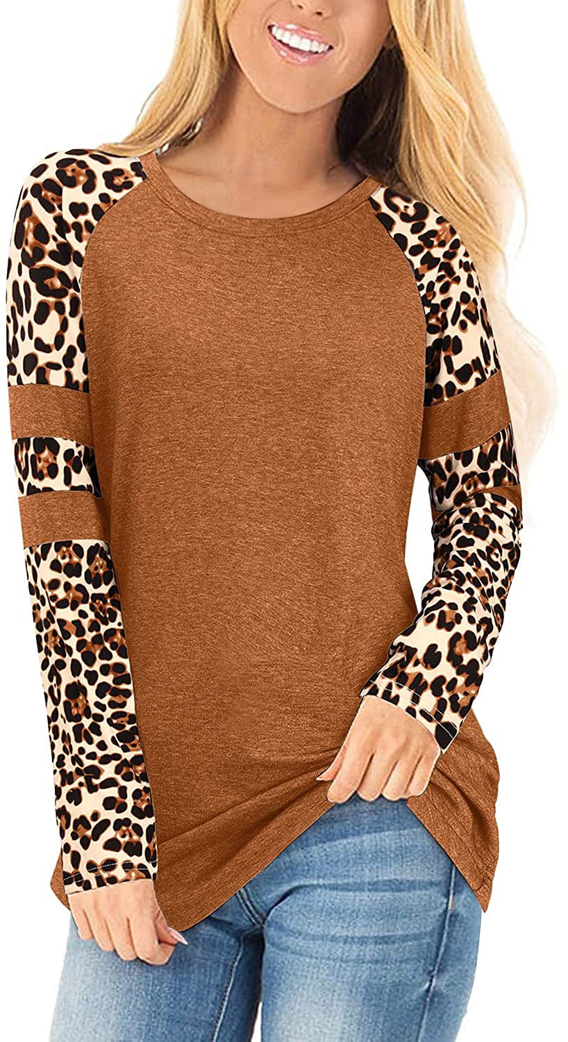 STYLEWORD Womens Long Sleeve Leopard Print Raglan T Shirts Color Block Casual Tunic Tops 