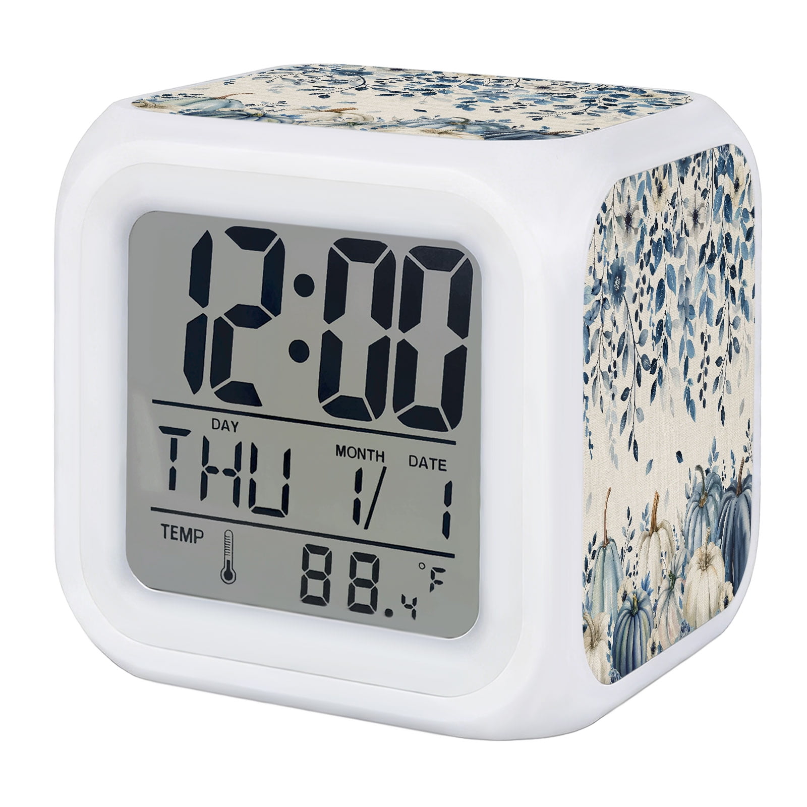Vintage Fall Blue Digital Alarm Clock for Bedrooms, Smart LED Alarm Clock with 7 Color Changing Night Light, Thanksgiving Botanical Pumpkins Rustic Silent Wake Up Clocks for Sleep Study Cooking
