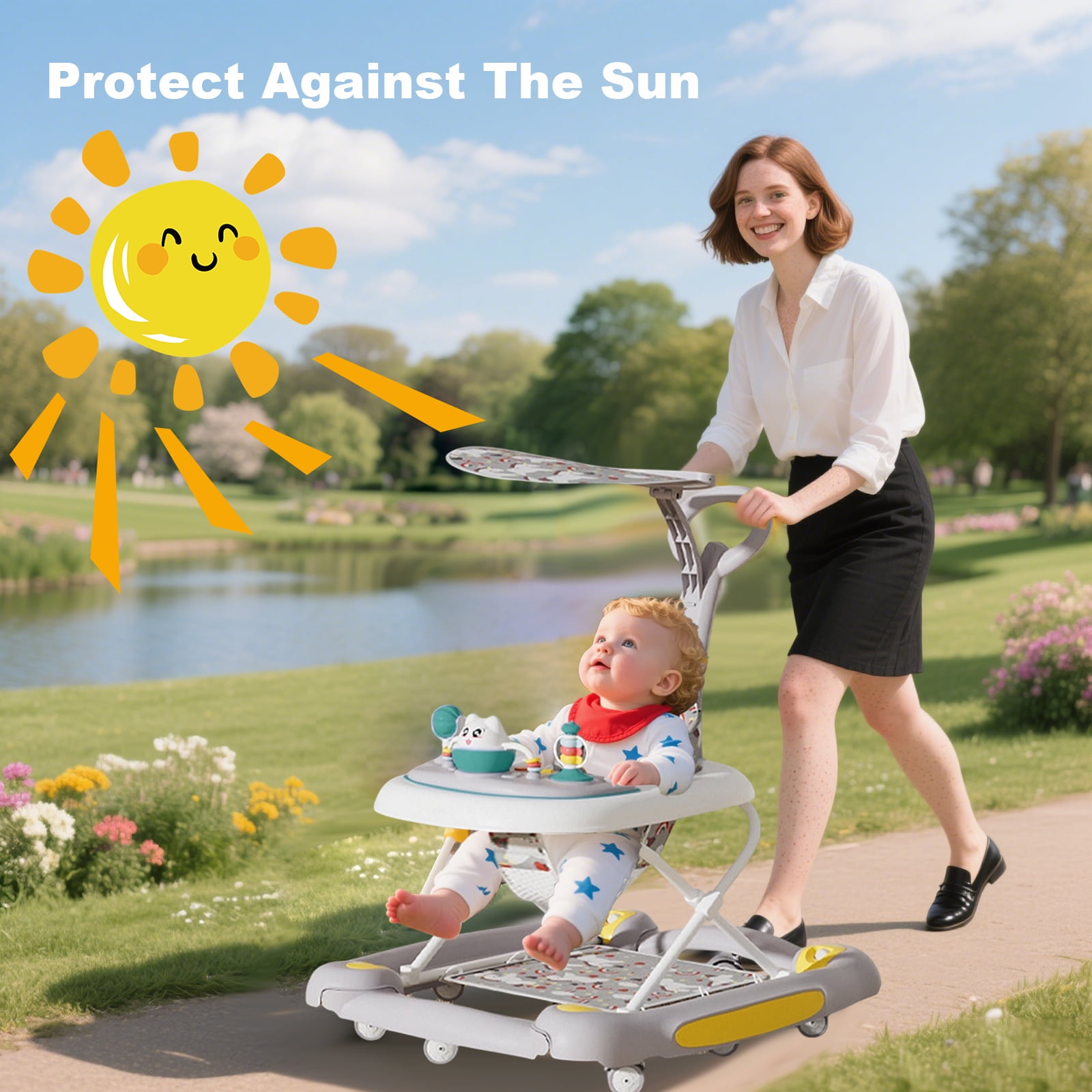 HDUTNGISN Gray 6-in-1 Foldable Baby Walker for 6-24 Months,Bouncer,Tray & Music