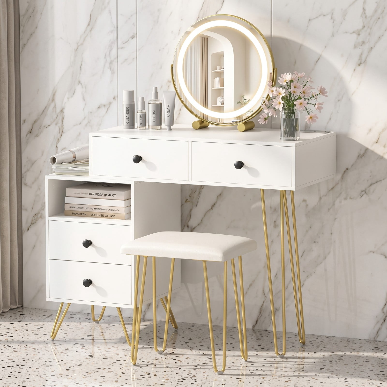 Furnibear Modern Dressing Table with 360 Degree Rotatable LED Mirror and Storage Cabinet and Cushioned Stool for Bedroom, White
