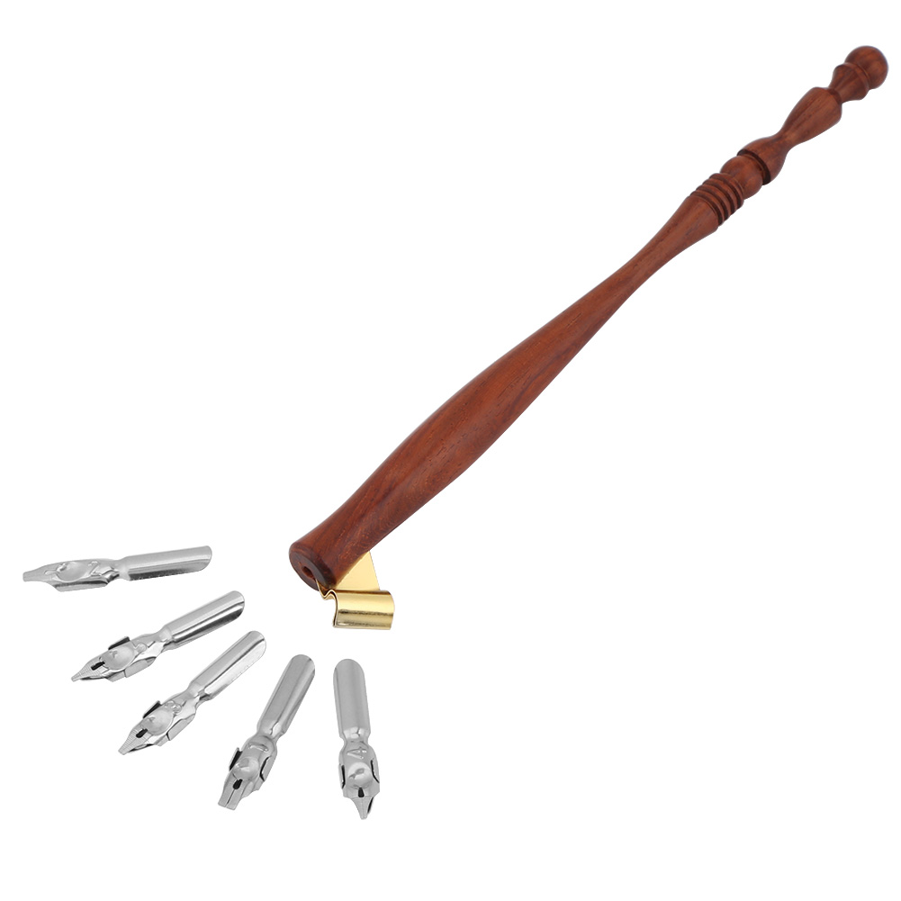 OTVIAP English Calligraphy Wooden Dip Pen Handle Nib Holder + 5 Flat