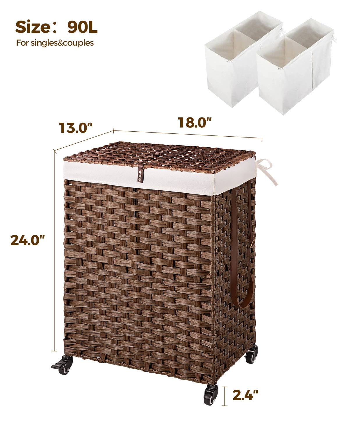 Rolanstar 90L Laundry Hamper with Wheels, No Install Needed, Divided Handwoven Hampers & 2 Removable Liner Bags, Synthetic Rattan Clothes Laundry Basket with Lid & Handles, Foldable Hampers Brown