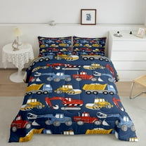 Excavators Bedding Equipment Trucks Bedding Comforter Sets , Construction Car Comforter Set Twin Cartoon Tractor Vehicle Quilt Cute Room Decor , Blue Red Yellow