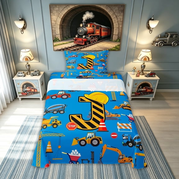 meiyoeat Construction J Initial Hard Hat Twin Sheets, Cartoon Truck Bedding for Boys Girls, Blue, Polkadot Reversible, 1 Flat Sheet, 1 Fitted Sheet and 1 Pillowcase