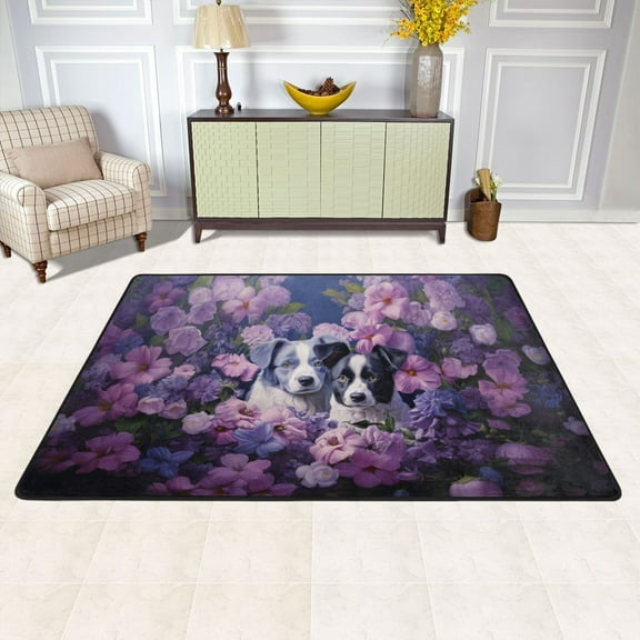 Dogs Flowers Floral Purple Area Rug Washable 72 x 48 Floor Carpet Mat Non Slip for Bedroom Living Room Kids Room Home Decor