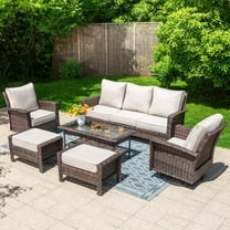 Summit Living 7-Seat Wicker Patio Furniture Set with 2 Swivel Chairs & 3-Seat Sofa & Coffee Table with 2 Ottoman, Outdoor Sectional Conversation Set, Beige