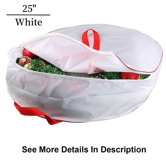 Christmas Wreath Storage Bag - Heavy Duty Xmas Wreath Container with Sleek Zipper - 25" Whte