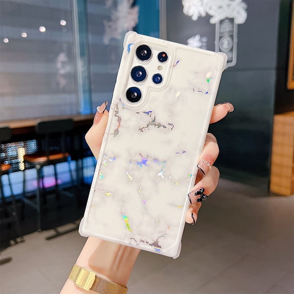 Case Compatible with Samsung Galaxy S22 Ultra 6.8" 2022, Hard PC Back & TPU Bumper 360° Ratating Metal Ring Shockproof & Anti-scratch Luxury Fashion Marble Pattern Case, White