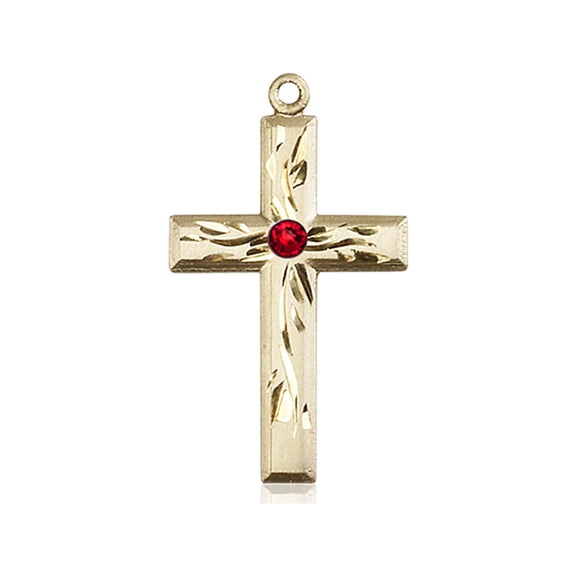 14kt Yellow Gold Cross Medal with 3mm July Red Swarovski Crystal 1 1/8 x 5/8 inches