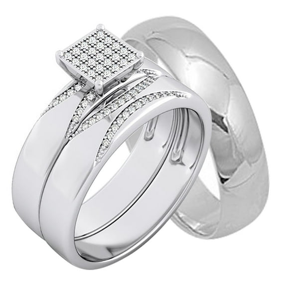 LaRaso & Co Micro Pave His Hers Wedding Ring Set TRIO Matching Sterling Silver Rings for Him Her Sizes 5/9
