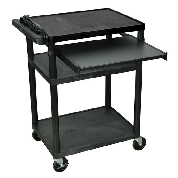 Luxor 18" x 24" x 34" Tuffy Two Shelf Flat Utility Cart With Keyboard Tray And Electrical - Black