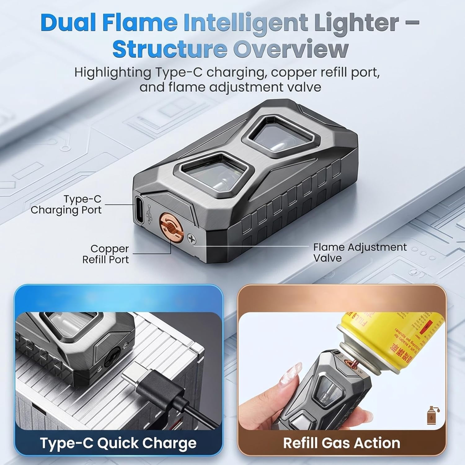 Voice Activated Lighter, Voice Activated Dual Flame Lighter (Butane Not Included) | USB Rechargeable Windproof Refillable with Visible Window (Green)