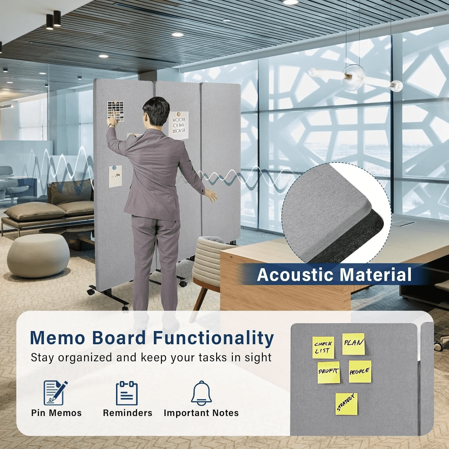 72 x 66in Sound Proof Dividers with Wheels, Portable Office Partition Wall, 3-Panel Freestanding Acoustic Barrier for Noise Reduction(Light Gray)