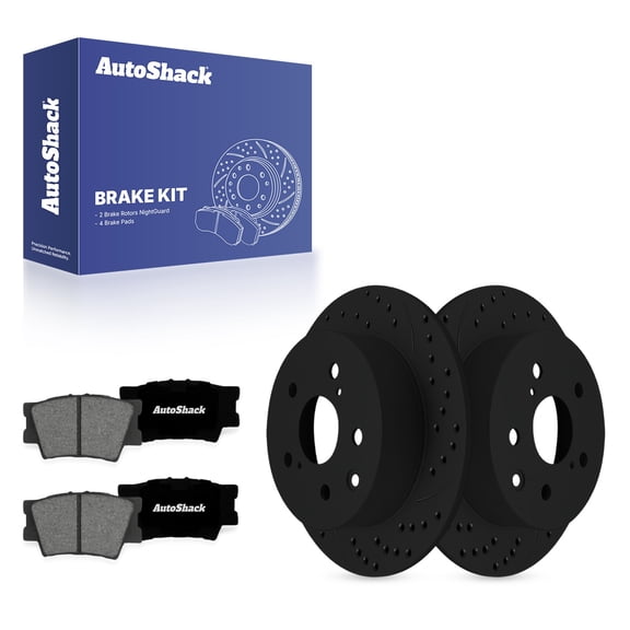 AutoShack Rear Solid Drilled & Slotted E-Coated Brake Rotors Black Finish   Premium Ceramic Pads 6-PC Brake Kit Replacement for 2006-2018 Toyota RAV4 2010-2012 Lexus HS250h NightGuard 11.06" (281 mm)