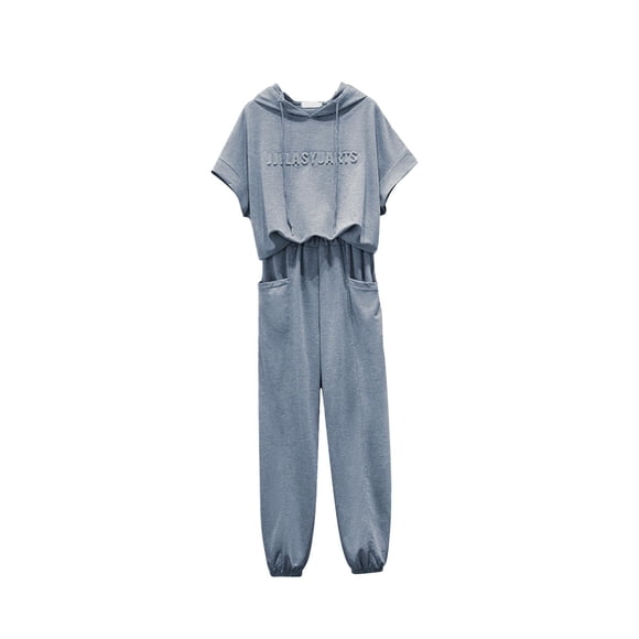 Conjunto de chándal para mujer, sudadera de manga corta de 2 piezas, pantalón con cintura elástica, sudadera con capucha y pantalones sueltos, traje , GRIS, M Yinane Chándal de mujer